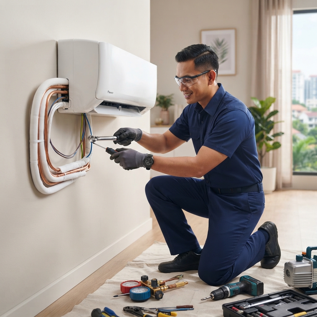 Aircon Master technician installing a split unit air conditioner
